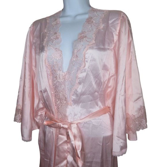 Vintage Full Length Satin Dressing Gown Robe L Pink Lace Belted Bell Sleeve NEW - Picture 4 of 10